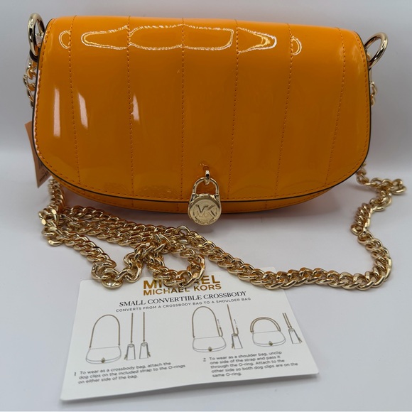 Michael Kors Orange Patent Quilted Crossbody with Gold Chain Strap - Picture 4 of 11